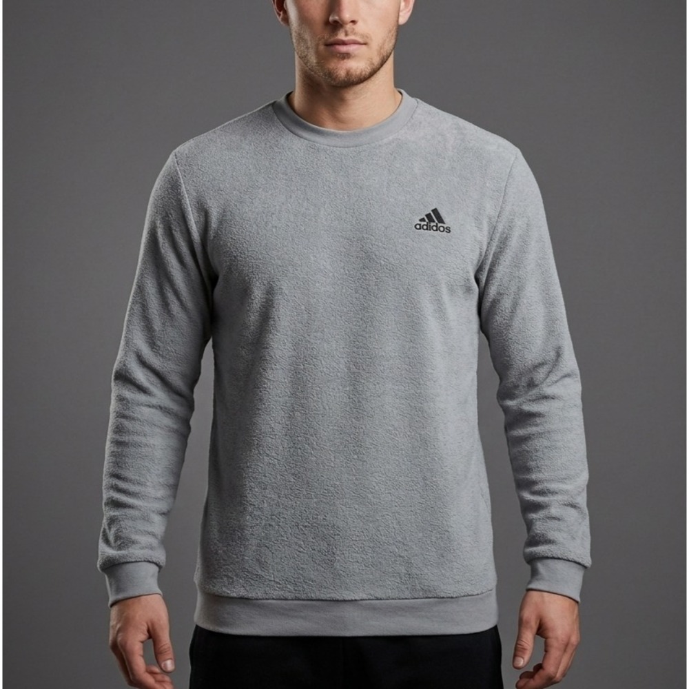 Adidas Sweatshirt Men's L Gray Fleece Terry Crew Neck Long Sleeve Pullover Logo